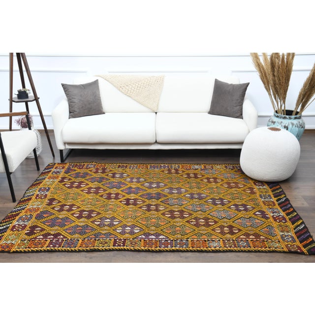 Vintage Turkish Oushak Handmade Wool & Cotton Yellow Area Rug For Sale - Image 4 of 12