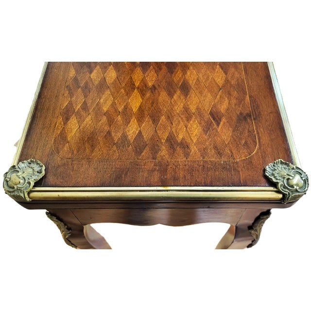 Brown Antique French Bronze & Inlaid Mahogany Flip Top Game Table Desk For Sale - Image 8 of 18