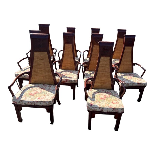 Set of 10 MCM Vintage Rosewood Asian Chairs With Woven Backs For Sale