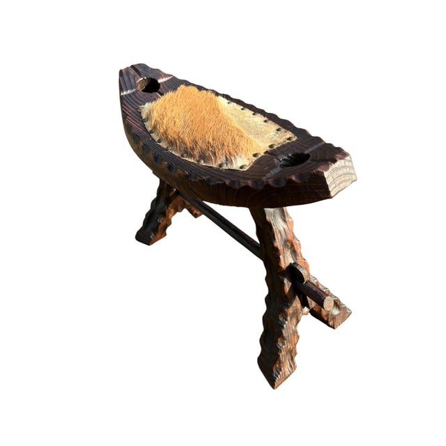 Set of Spanish Tripod Birthing Chair and Ottoman with Goatskin, 1960s For Sale - Image 10 of 12