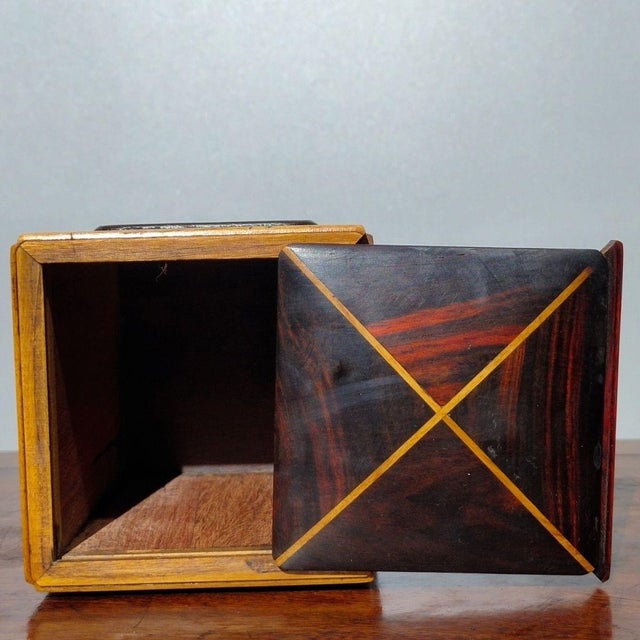 Traditional Wooden Tea Caddy Box With Woven Bamboo Panels and Sliding Lid For Sale - Image 3 of 9