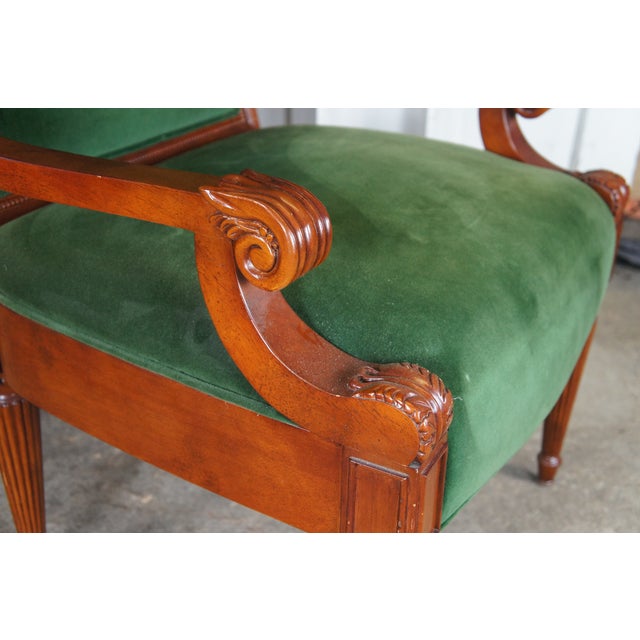Vintage French Empire Style Birch Upholstered Library Accent Arm Chair Green For Sale - Image 11 of 13