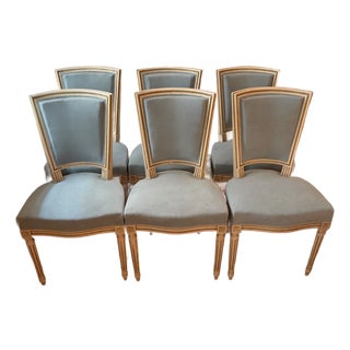 Set of Six Louis XVI Painted Dining Chairs With Blue Velvet For Sale