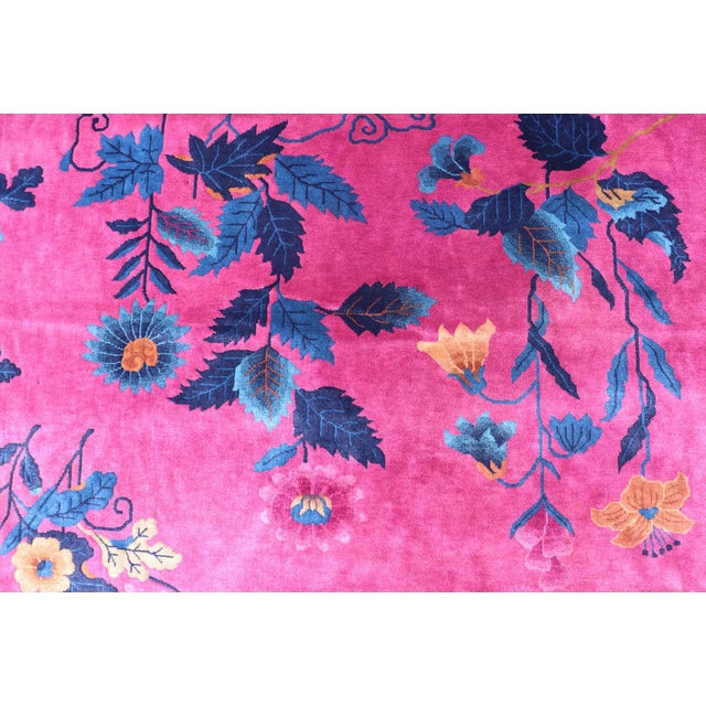 Magenta Magenta Background Chinese Art Deco Rug With Large Vining Flowers and Leaves 12'0 X 14'8 For Sale - Image 8 of 12