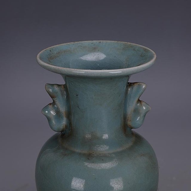 1950s 1950s Sky Blue Crackle Glaze Amphora Style Vase With Twin Ornate Handles For Sale - Image 5 of 5