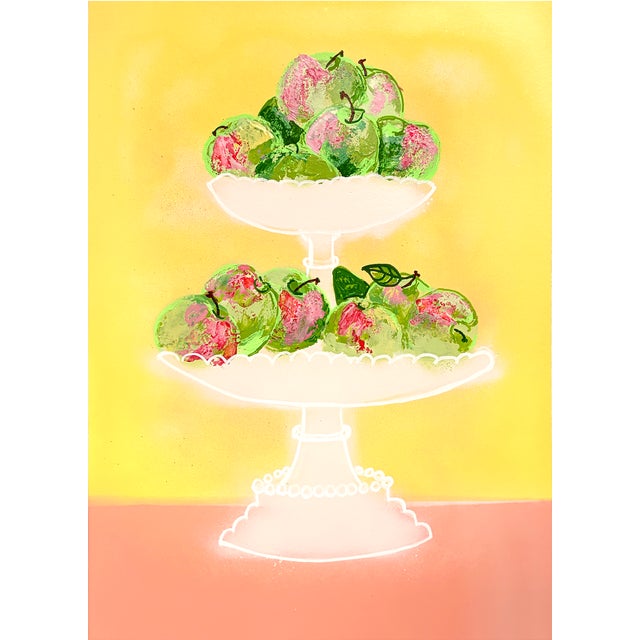 Pink Lady Apples White Tiered Fruit Stand Contemporary Still Life Painting For Sale