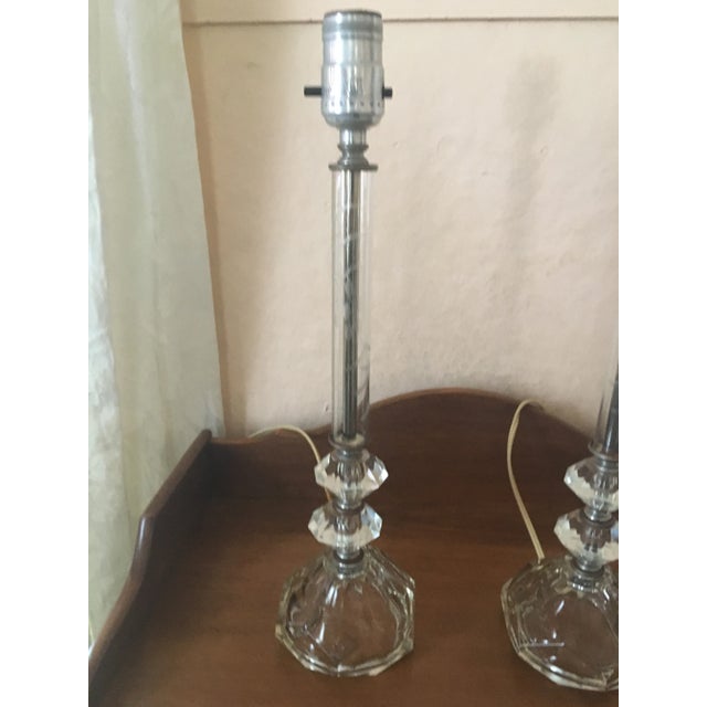 Mid Century Etched Glass Crystal Table Lamp - a Pair For Sale - Image 4 of 8