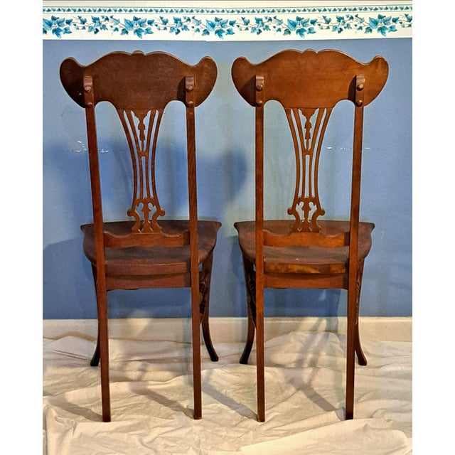 1990s Pair Antique Quarter Sawn Oak Chairs Art Nouveau Carved Backs Tiger Oak C1900 For Sale - Image 5 of 12