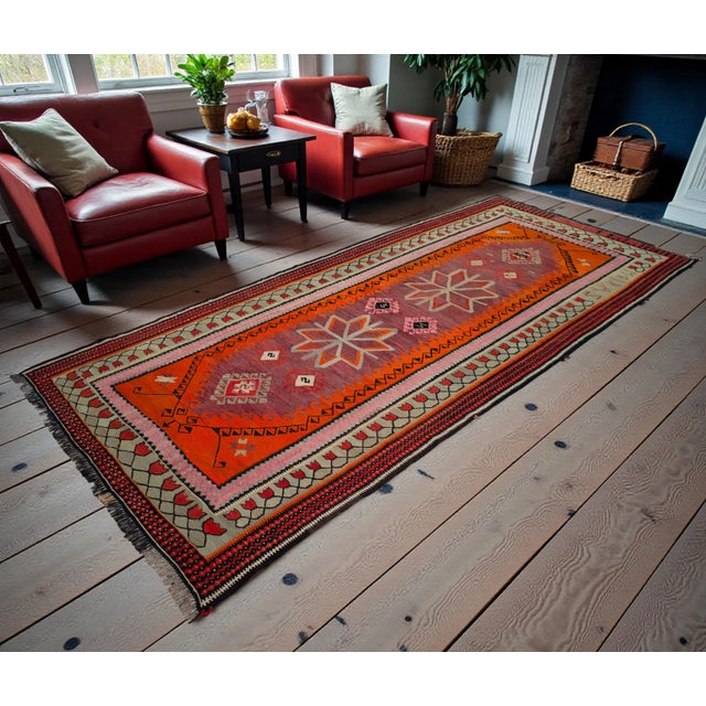 Mid-Century Modern Authentic Turkish Kilim, Vintage Orange Hallway Runner, Tribal Rug, Handwoven Wool Tapestry, Mid Century Modern Floor Decor - 5′3″ X 11′5″ For Sale - Image 3 of 14