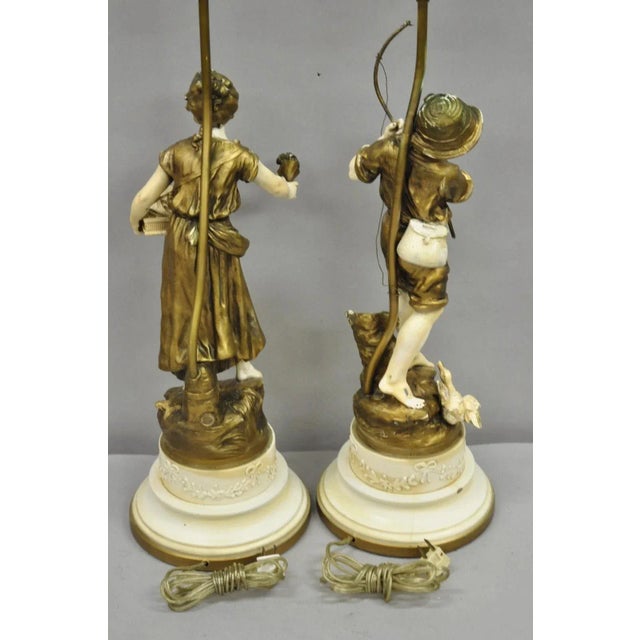 Antique French Victorian Moreau Figural Metal Boy and Girl Table Lamps (B), Pair For Sale - Image 10 of 12
