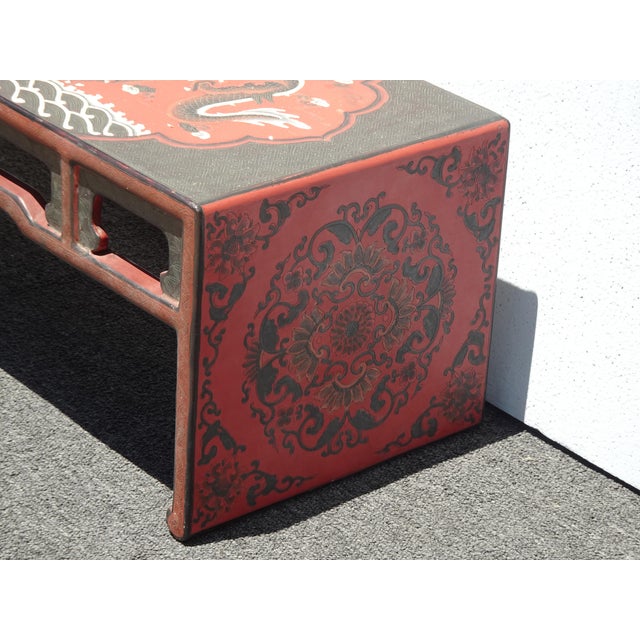 Vintage Chinese Asian Red Dragon Motif Bench ~ Coffee Table For Sale - Image 9 of 15