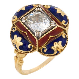 Late 19th Century Victorian 1.25 Carat Old Mine Cut Diamond 14k Yellow Gold Enamel Ring, Size 8 For Sale