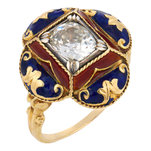 Late 19th Century Victorian 1.25 Carat Old Mine Cut Diamond 14k Yellow Gold Enamel Ring, Size 8