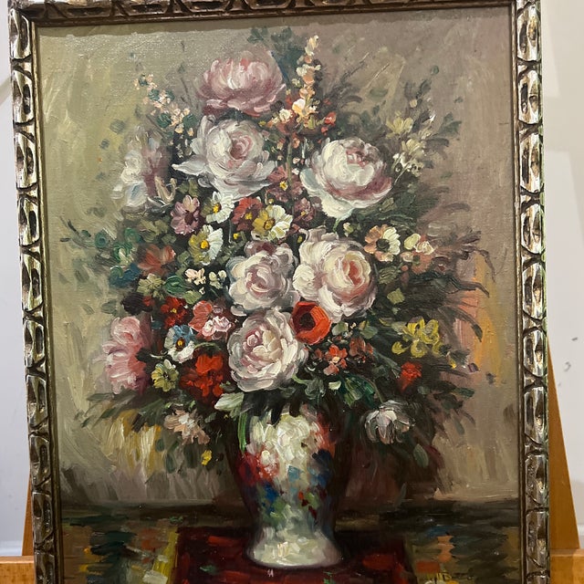 Impressionist Oil on Canvas American School Floral Still Life Framed Signed Made in 1950 For Sale - Image 3 of 12