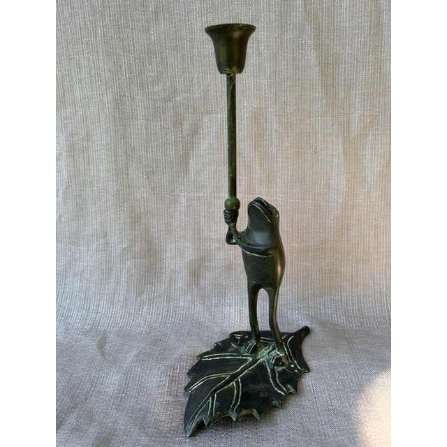 Green Vintage Bronze Standing Frog Candlestick For Sale - Image 8 of 14