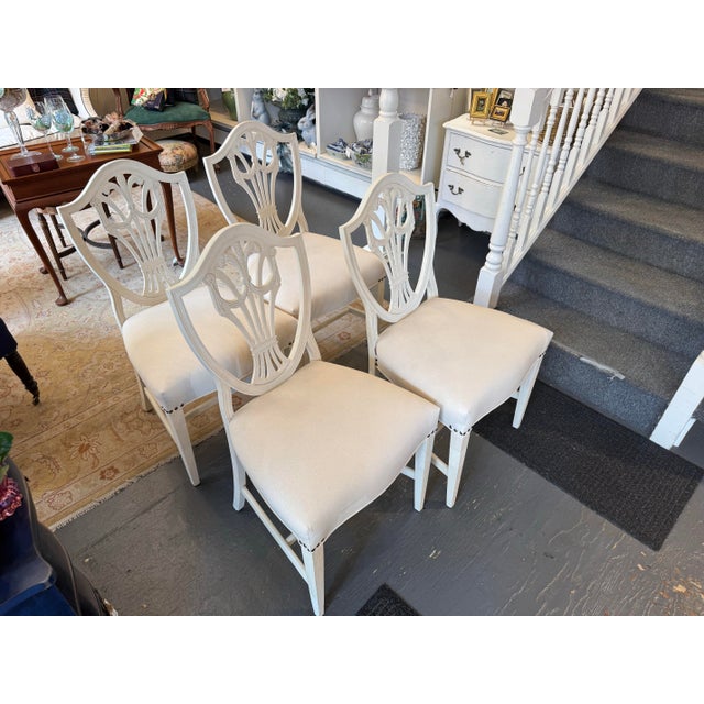 19th Century Antique Mahogany Hepplewhite Style Shieldback Chairs Painted French Linen White For Sale In Boston - Image 6 of 10