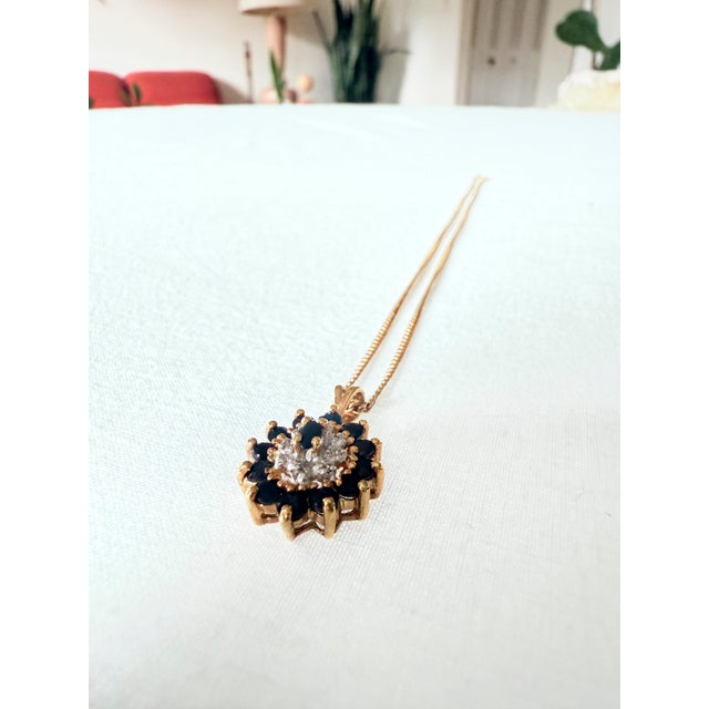 Cartier Vintage Victorian Revival Sapphire & Diamond Cluster Pendant Necklace With 14k Gold Chain For Sale - Image 4 of 16