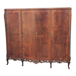 Vintage Large Italian Burl Walnut Carved Wardrobe Armoire Circa 1930s For Sale
