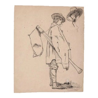 Unknown - Musician - Original Pencil and Pen on Paper - 19th Century For Sale