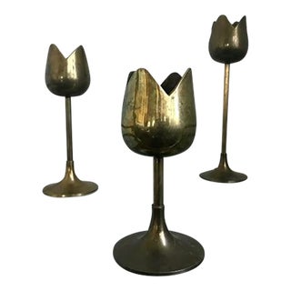 1960s Brass Tulip Candlestick Holders - Set of 3 For Sale