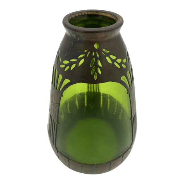 Circa 1900s French Art Nouveau Copper & Green Glass Vase For Sale