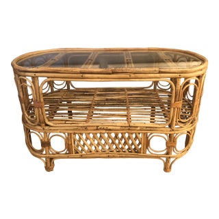 Rattan Bamboo & Glass Console or Cocktail Table For Sale