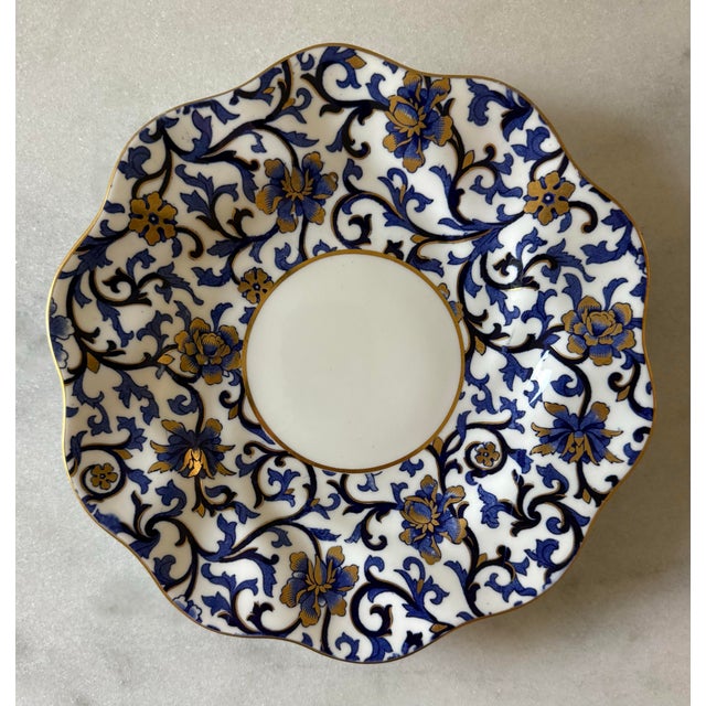 Set of 5 Coalport Mandarin Blue 9" plates with scalloped edge and gold trim, made from 1891-1920. Marked as shown, 158060...