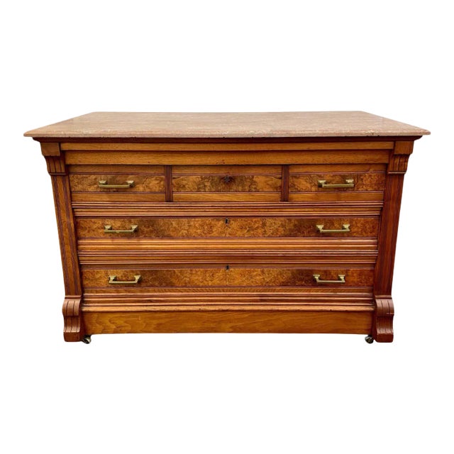 Antique Italian Mahogany & Burl Wood Commode With Verona Rosso Marble Top For Sale