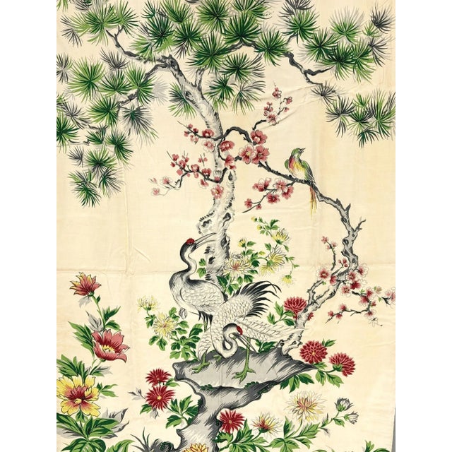 1950s Mid Century Silk Curtain Panel With Cranes, Pine, and Chrysanthemums - 2 Available For Sale - Image 5 of 7