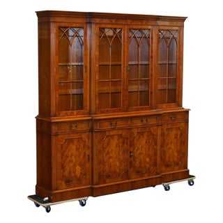Georgian Burr Yew Breakfront Four-Door Display Cabinet For Sale