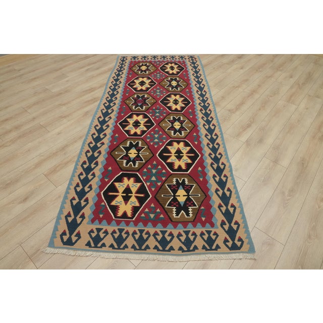 1970s Scandinavian Style Geometric Design Red Handmade Oushak Kilim Runner Rug For Sale - Image 12 of 12