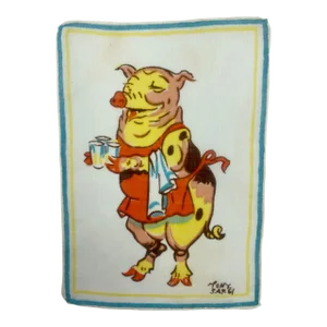 Mid 20th Century Vintage Tony Sarg Pig Waiter Linen Cocktail Napkin