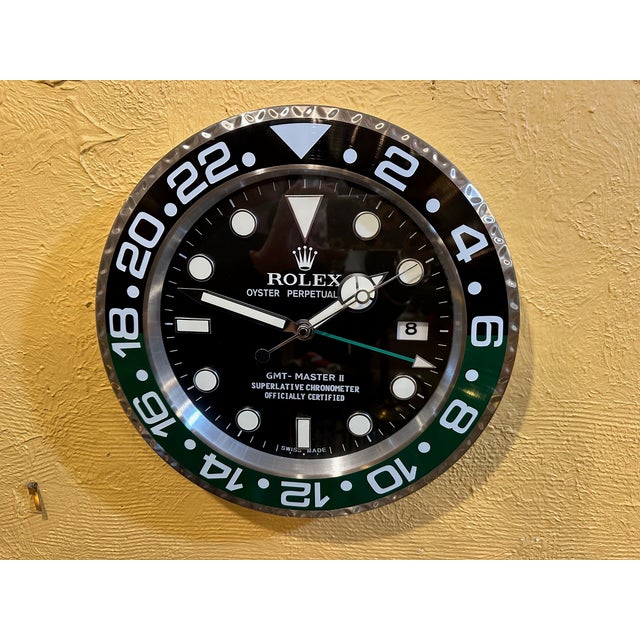 Vintage Black Silver and Green Rolex Display Wall Clock For Sale - Image 15 of 15