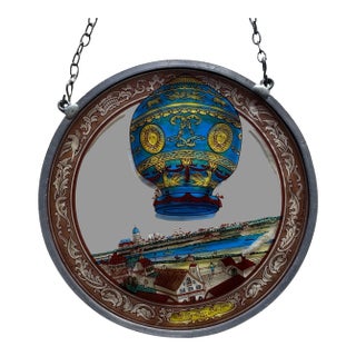 Vintage Stained Glass Scenic Suncatcher Window Historic Montgolfier Balloon 1783 For Sale