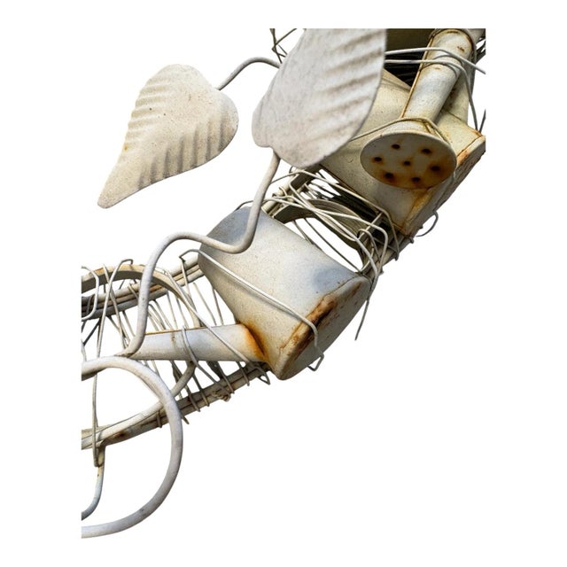 Late 20th Century Sculptural Metal Garden Wreath With Watering Cans & Weathered Patina For Sale - Image 9 of 12