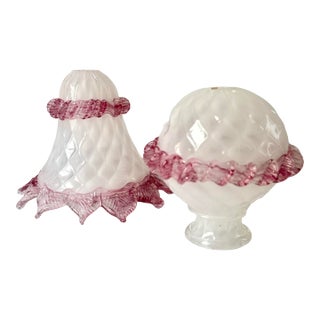 Pair Vintage Venetian Murano Opaline & Pink Cranberry Glass Chandelier Lamp Replacement Components For Sale