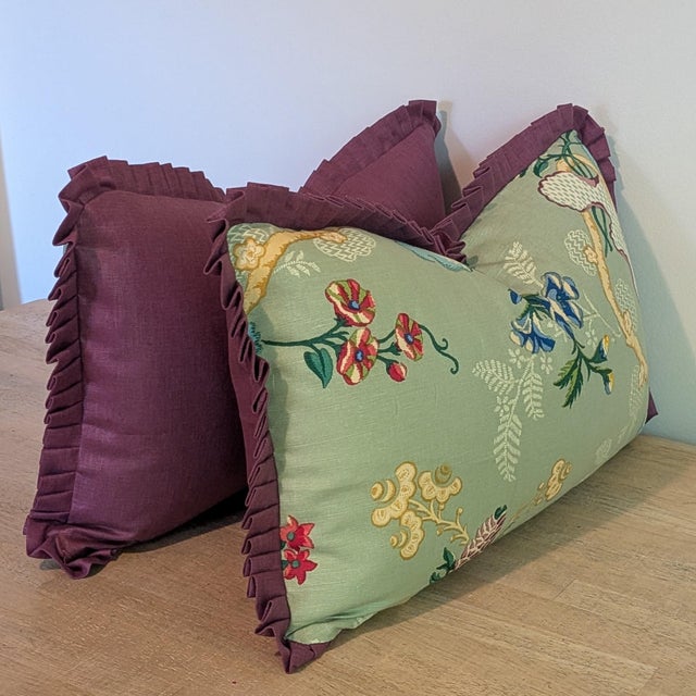Transitional Brunschwig & Fils Fabriano Jade Lumbar Pillows With Purple Pleated Ruffle- Pair For Sale - Image 3 of 9