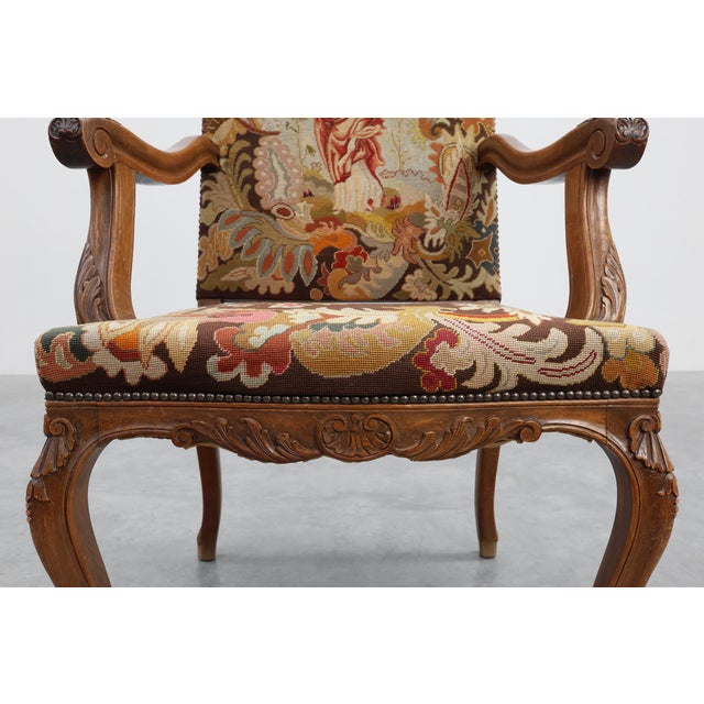 Brown Louis XV Carved Walnut Armchair with Needlepoint Upholstery, France, 1900 For Sale - Image 8 of 18