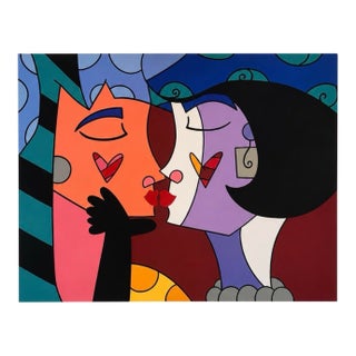 “The Kiss” Pop Art Acrylic on Canvas, in the Style of Romero Britto, 36” X 48 For Sale