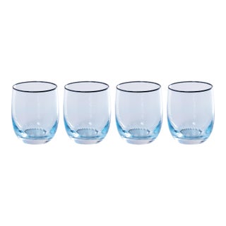 Sicilian 4-Piece Swirl Glass Tumbler Set, Aqua with Navy Lip Wrap For Sale