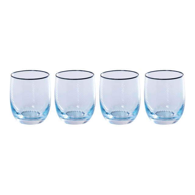 Sicilian 4-Piece Swirl Glass Tumbler Set, Aqua with Navy Lip Wrap For Sale
