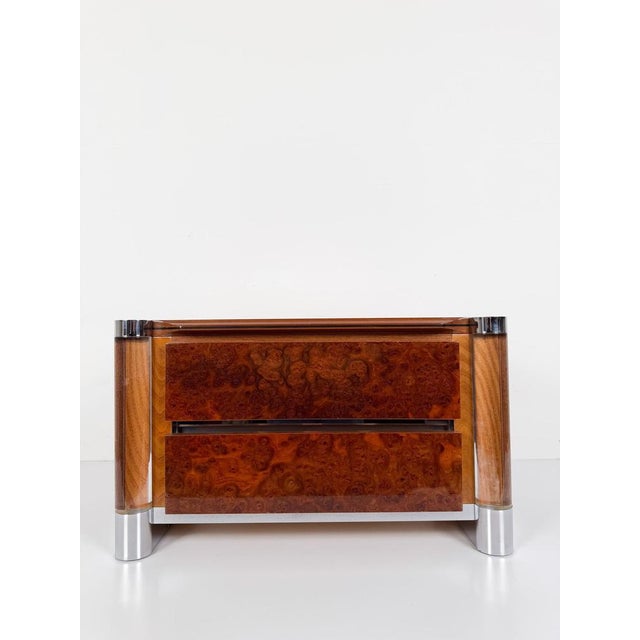 Mid-Century Modern Mid-Century Burl Wood, Chrome and Acrylic Glass Nightstands, 1970s, Set of 2 For Sale - Image 3 of 18