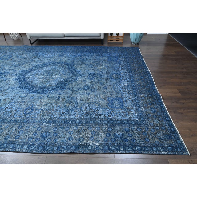 Blue 1970s Vintage Persian Handmade Wool Cotton Blue Area Rug For Sale - Image 8 of 11