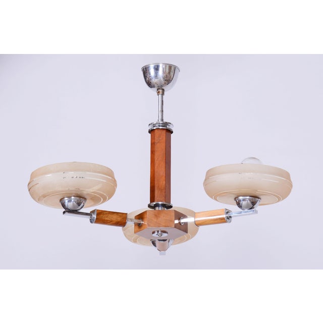 Art Deco Chandelier in Chromed Steel, Walnut and Glass, Czech, 1920s For Sale - Image 3 of 9