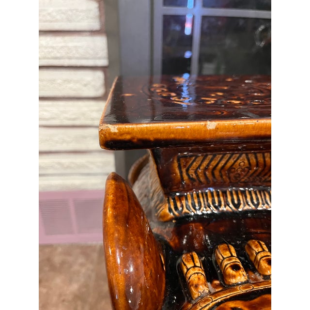 Vintage Brown Glazed Ceramic Elephant Garden Stool or Side Table (Single) For Sale - Image 9 of 12