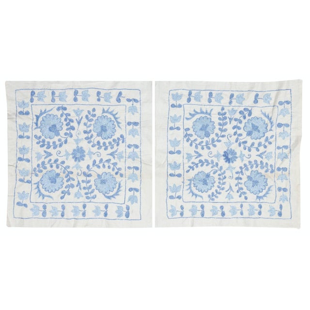 19"x20" Set of 2 Silk embroidery Cushion Cover. Pair Lace Pillow in Blue Color For Sale - Image 4 of 6