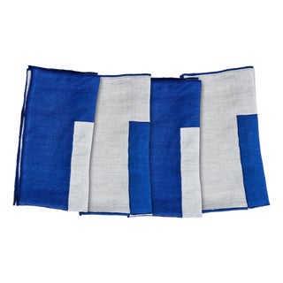Misette Bauhaus Embroidered Linen Napkins in Blue, Set of 4 For Sale