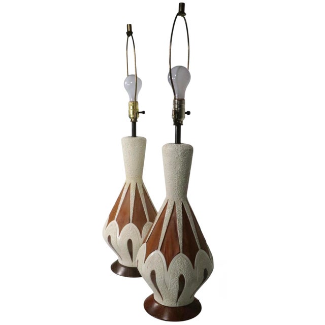 Mid 20th Century Ceramic and Wood Veneer Table Lamps - a Pair For Sale In New York - Image 6 of 15