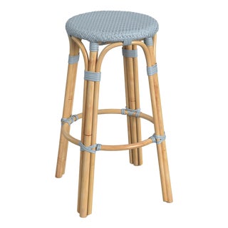 Tobias 30 in. Seat Height Round Rattan Backless Bar Stool, Baby Blue/ Natural Rattan Frame For Sale