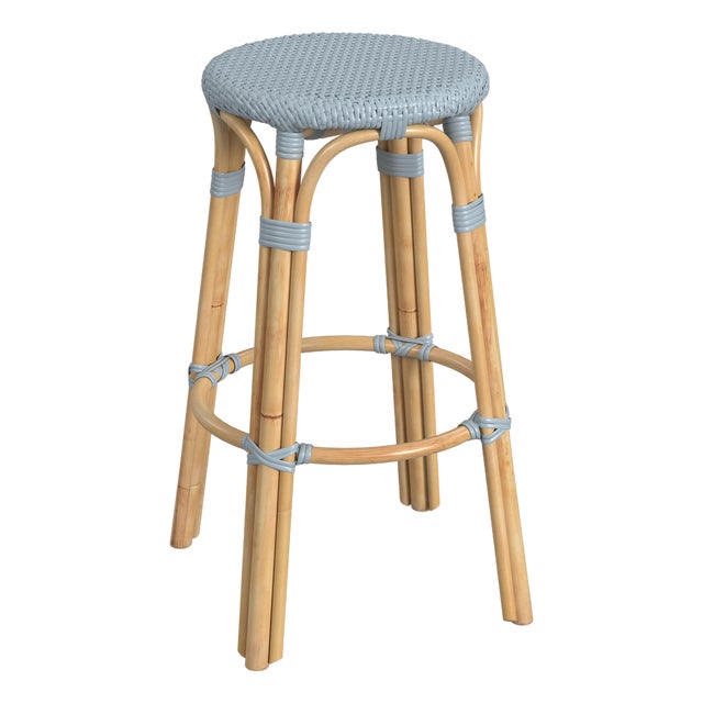Tobias 30 in. Seat Height Round Rattan Backless Bar Stool, Baby Blue/ Natural Rattan Frame For Sale